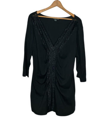 Twist Tees by Torrid 2 2X Black Lace V-Neck Shirred Middle Knit Shirt Top Plus