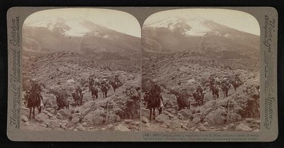 Rough trail over El Misti, volcano's peak showing steam of crater, Peru 1907