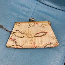 Vintage Clutch Wristlet Purse floral embroidered attached chain Plastic Covering