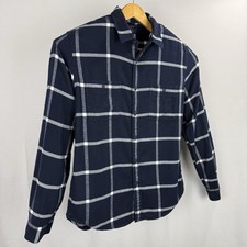 J CREW Button-Up Flannel Shirt Mens Large Slim Blue Navy Plaid LS 100 Cotton