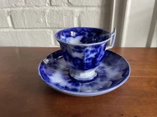 Mid 1800s Staffordshire Flow Blue Ironstone "Sobraon" FOOTED CUP AND SAUCER