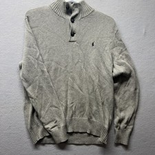 Polo Ralph Lauren Sweater Men L Gray 3 Button Mock Neck Cotton Ribbed Pullover