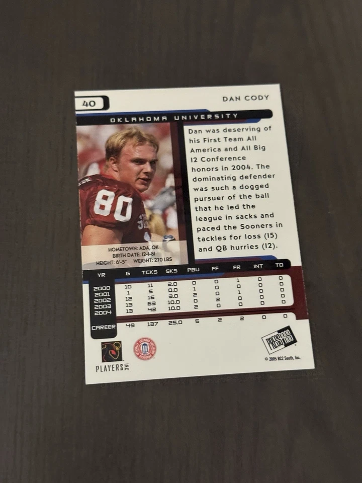 2005 Press Pass 40 DAN CODY Rookie RC Autographed Auto HAND SIGNED Football Card - Image 2 of 2