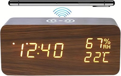 Digitaler Wecker mit kabellosem Laden, Temperatur- & Luftfeuchtigkeitsanzeige, 3