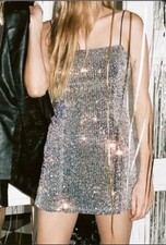 Urban Outfitters Silver Sequins Mini Dress Bodycon Spaghetti Strap Sz S NWT
