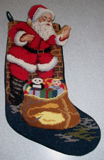 Santa Claus 17" 3D Needlepoint Christmas Stocking Dark Green Velour Back