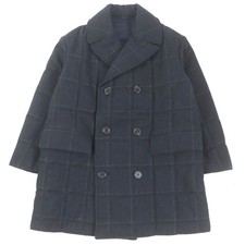 Excellent HERMES Chester coat Check Pattern Double Breasted Padded Navy wool...