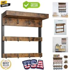 Stylish Wall-Mounted Mug Holder with 12 Hooks & Detachable Shelf - Rustic Brown