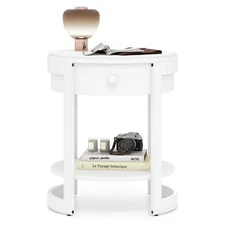 2-Tier Nightstand w/ Shelf & Wood Grains Drawer Round End Table for Living Room