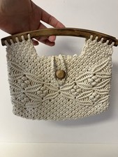 Vintage MCI Ivory Macrame Handbag Purse Clutch Wood Handles Button Closure Boho