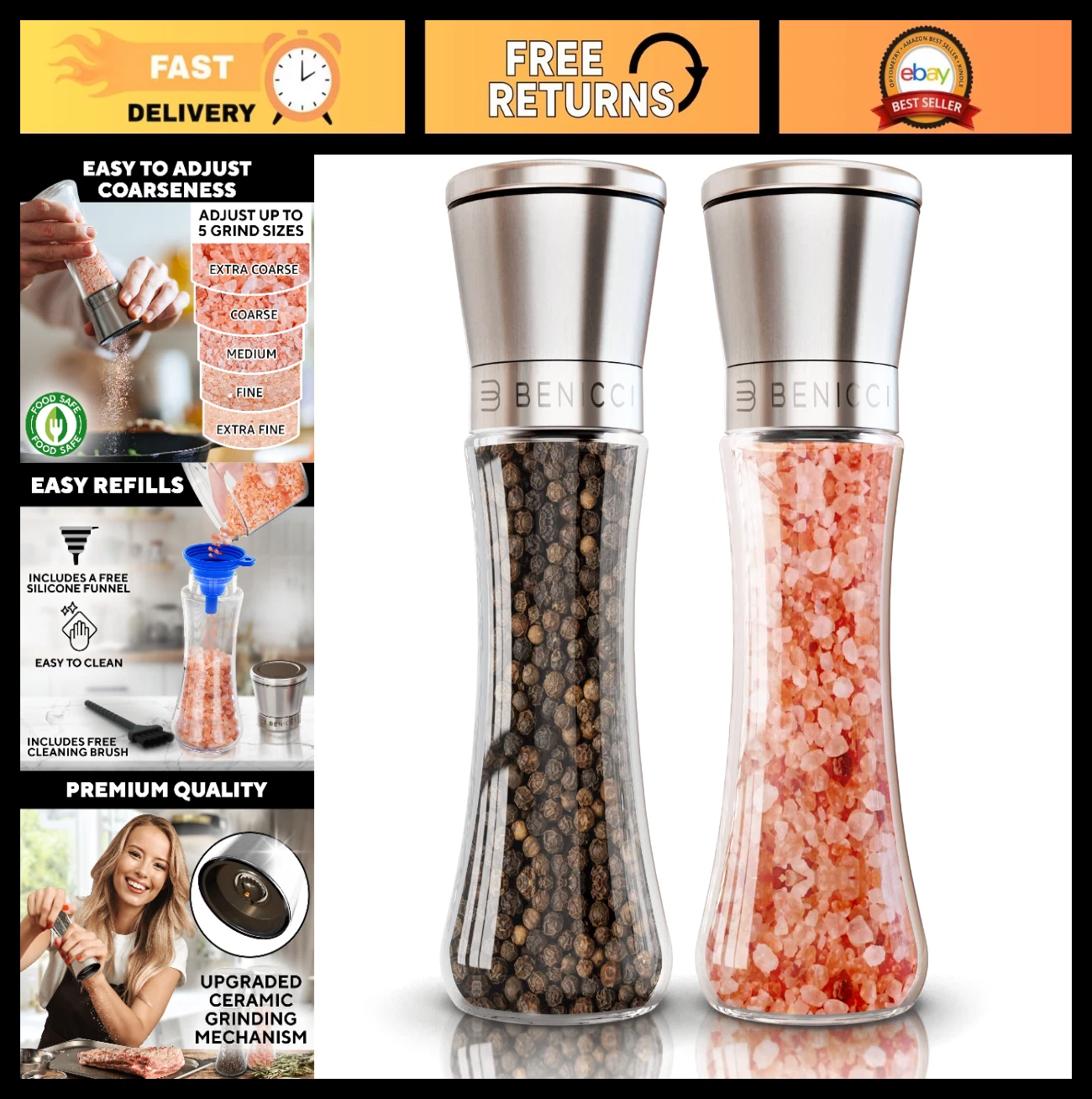 Salt and Pepper Grinder Set - 2 Refillable Stainless Steel Shakers, Adjustable C
Opens in a new wind