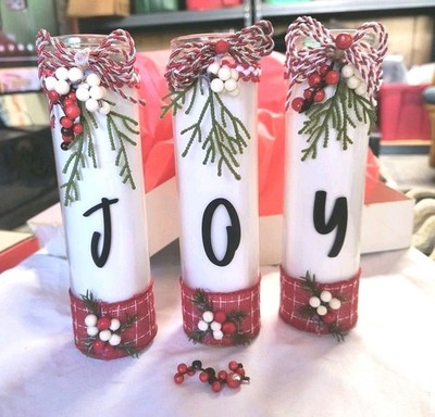 Box of 3 J-O-Y Handcrafted Glass Candles W Holly Berries Christmas Decor Gift  
