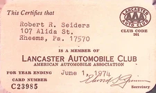 1974 Lancaster Automobile Club AAA Membership Card Vintage Auto Ephemera