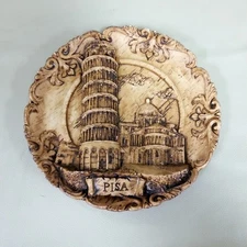 Vtg 9" PISA Italy 3D Carved Wood Look Resin Souvenir Wall Plate Leaning Tower