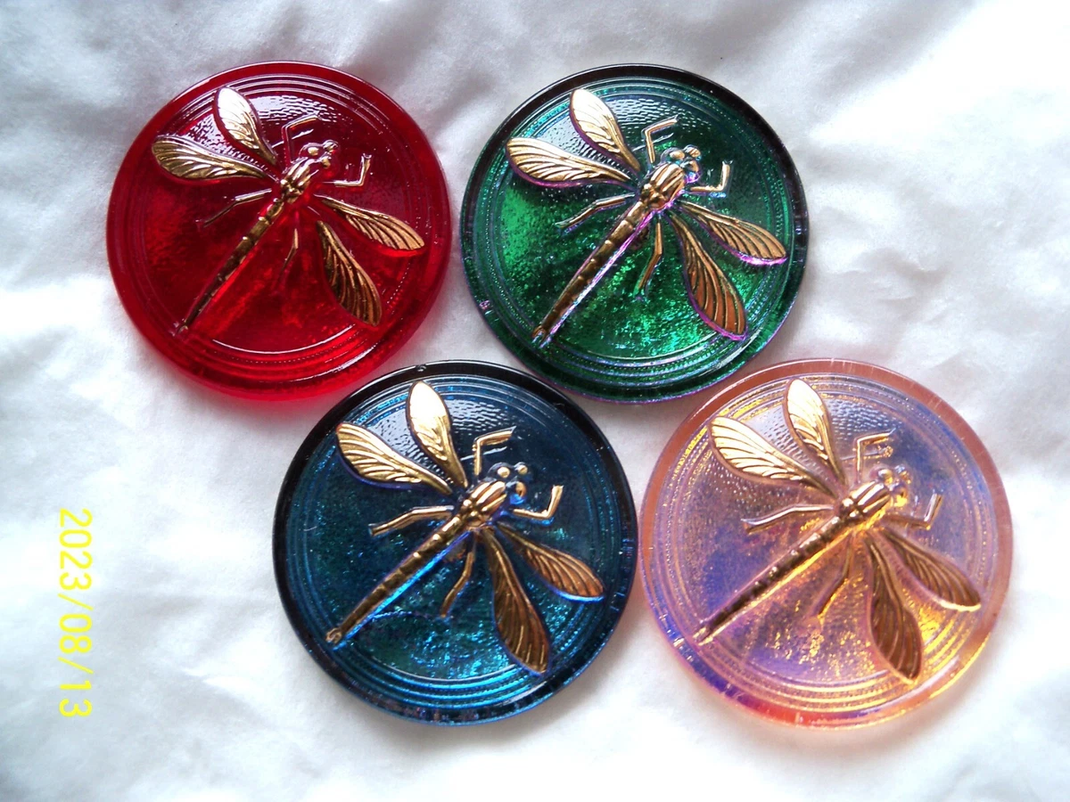 REDUCED CZECH GLASS CABOCHONS 4PCS DRAGONFLY 24K GOLD 31mm D
