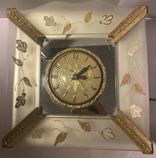 Vintage Mantle Vanity Clock Art Deco Mirror Glass Gold Enamel Flowers 8.5”