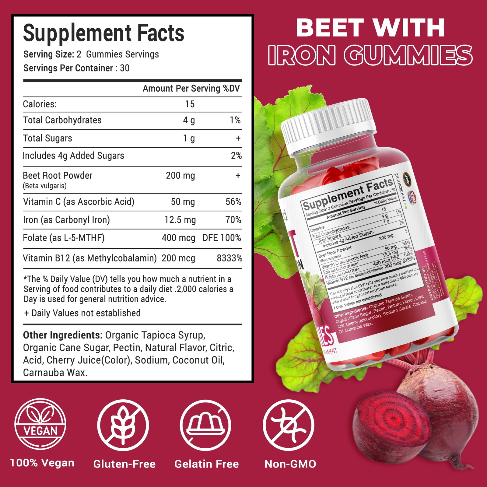 Beet Root Gummies 200mg. Nitric Oxide Booster Beets with Iron for Heart Health