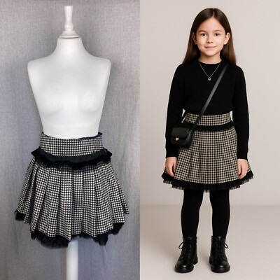 Monnalisa Italy Wool Blend Mini Skirt with Tulle Trim Houndstooth Plaid XS Youth