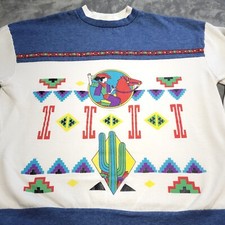 Vtg 90s Aztec Cowgirl Horse Equestrian Large Ringer Crewneck Sweatshirt Made USA
