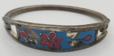 Abalone Inlay Child Bangle Floral Pink White Blue Bracelet Mexico Sterling Hinge