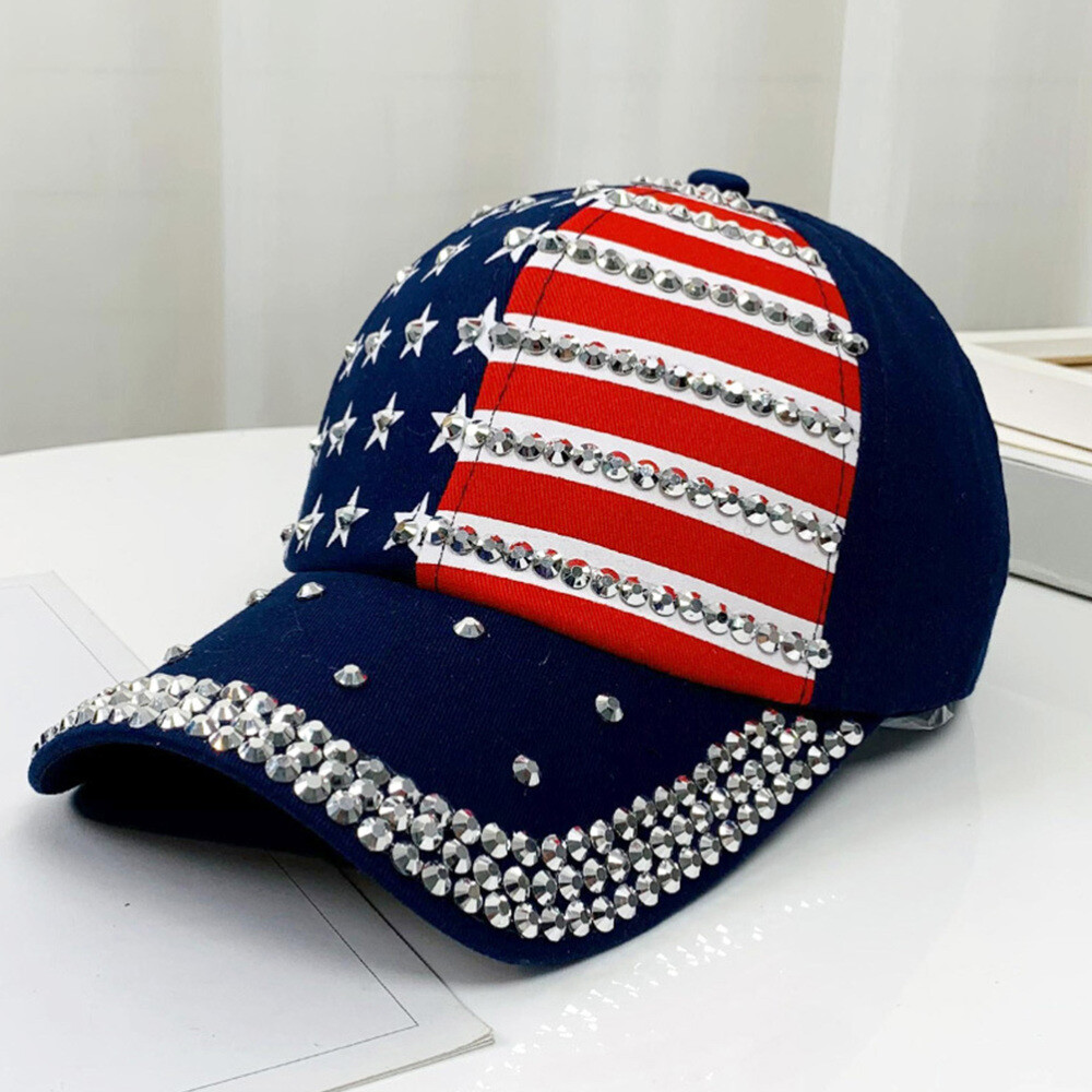 2pcs American Flag Patriotic Flag Baseball Rhinestone Hat Baseball  display picture 1