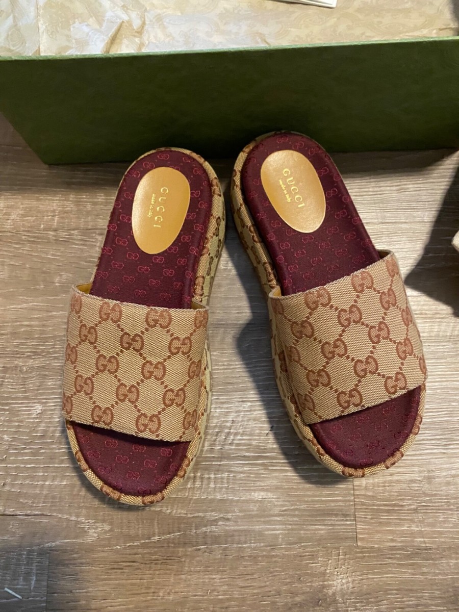 Authentic GUCCI Women's Angelina GG Monogram Platform Slide