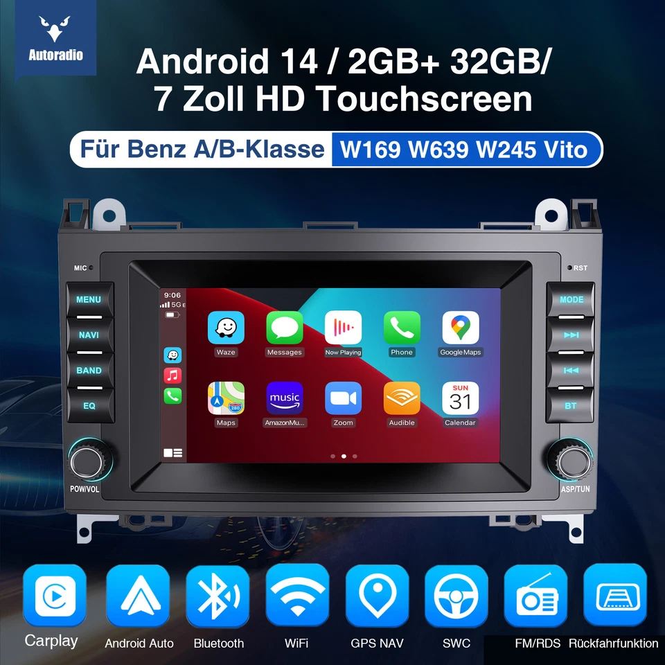 Für Mercedes Benz B Klasse W169 W245 Vito W639 DAB+ Carplay Autoradio Android 14 - Bild 2 von 4