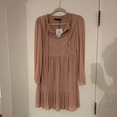 Mohito Women's Pink Solid Lace V-Neck Puff Long Sleeve Mini Dress Button S