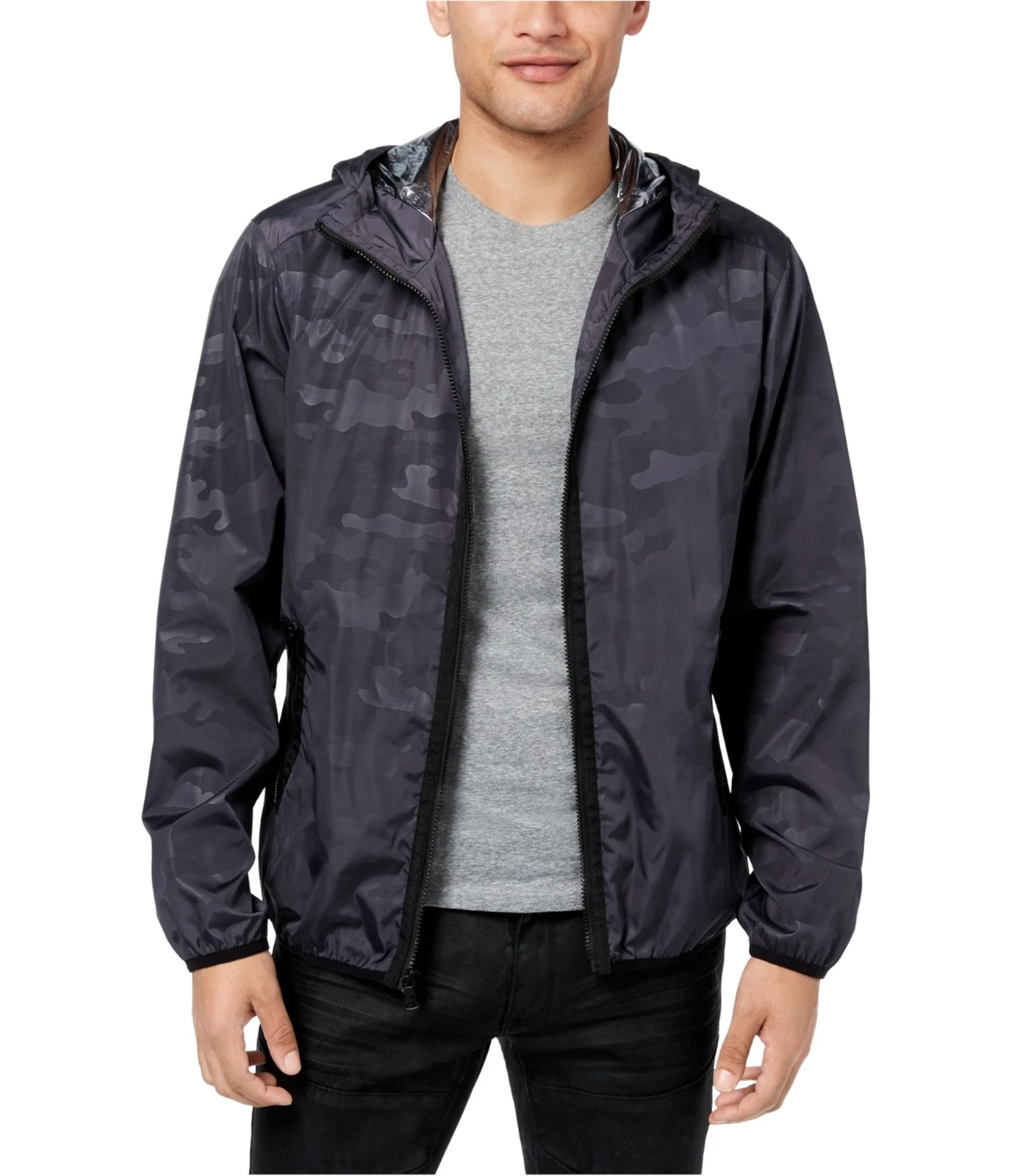 Sean John Mens Full Zip Hooded Windbreaker Jacket, Blue, Large