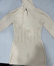 Pretty Little Thing Hodded Bodycon Dress Cream Rib Velour Corset Detail sz 4 NWT