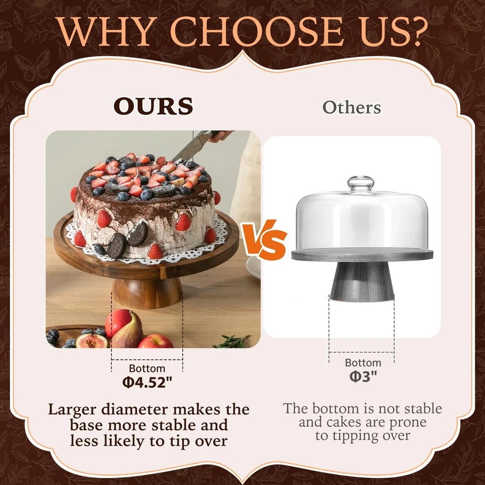 Soporte para pasteles de madera de acacia con tapa, soporte para pasteles de acrílico redondo de 12 pulgadas con cúpula, 2 pulgadas... Foto 2 de 4