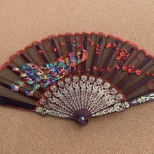 Multi-Color Hand Fan Peacock Vintage Plastic And Lace