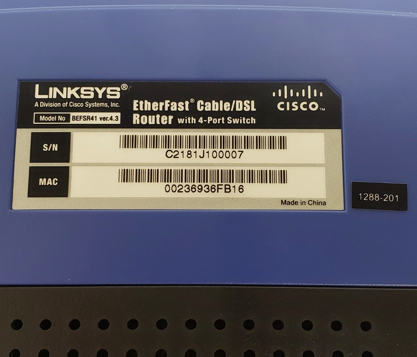Linksys EtherFast BEFSR41 ver 4.3 Cable DSL 10/100 Ethernet Wired Router Switch