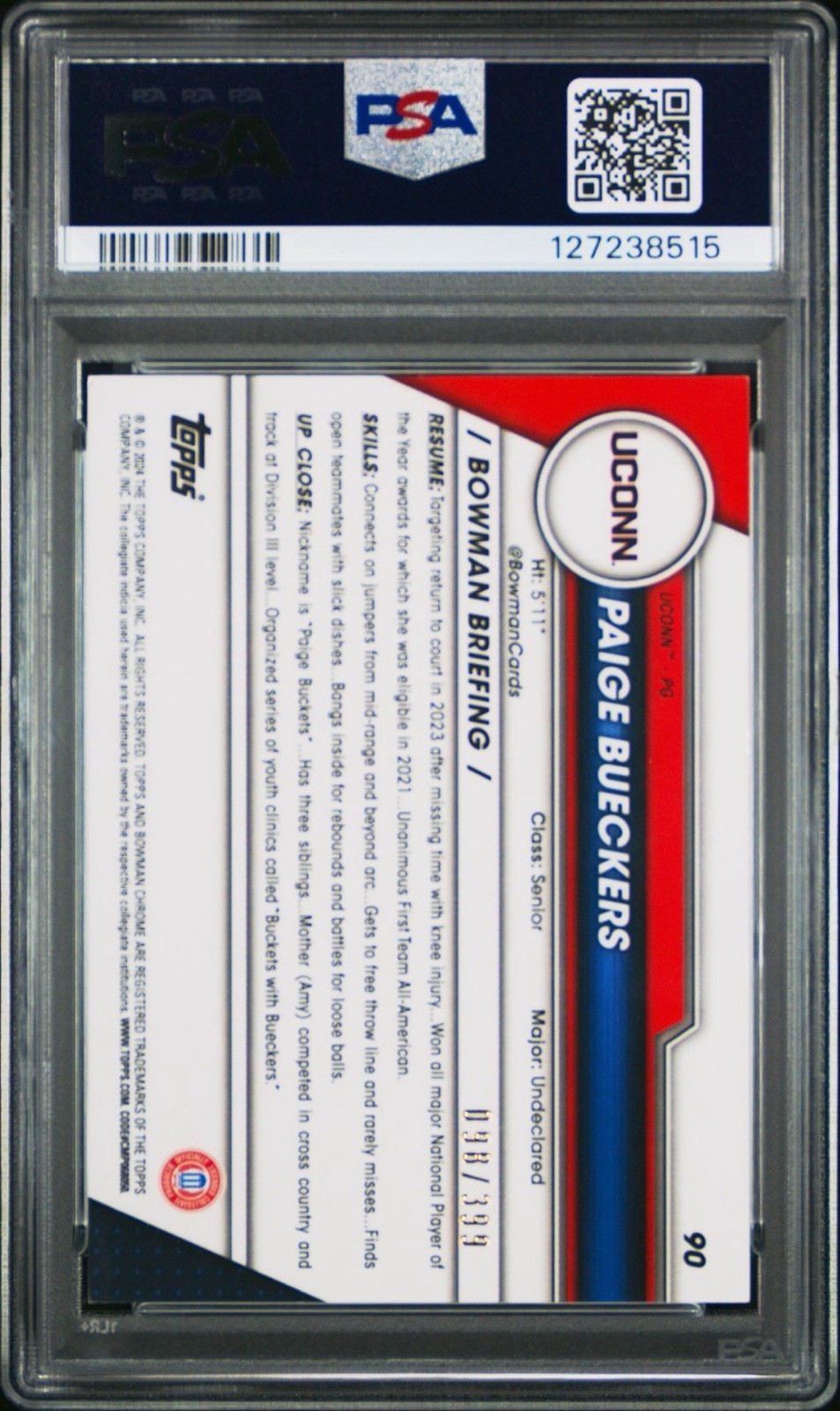 2023-24 Bowman Chrome U Paige Bueckers 1st Purple Refractor /399 UConn PSA 8 view 2