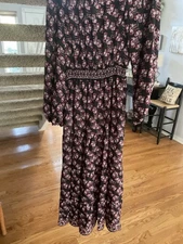 Max Studio DRESS MAXI Black & Pink Mock Neck Bishop Sleeve Woman's Medium