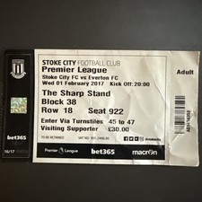 Stoke City v Everton(Premier League 2016/17) 1/2/2017 Match Ticket CR