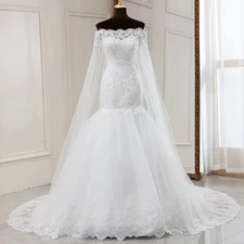 Customized Boat Neck Shawl Style Mermaid Wedding Dress Lace Applique Bride Gown