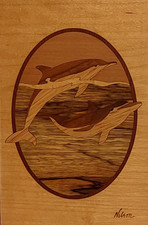 HUDSON RIVER INLAY PICTURE - DOLPHINS - WOOD MARQUETRY by 7 x 10 3