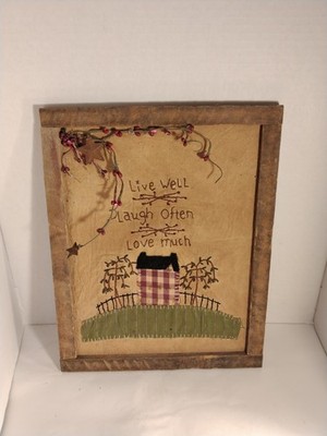''Live Well Laugh Often Love Much'' - stitched hanging wooden portrait with House