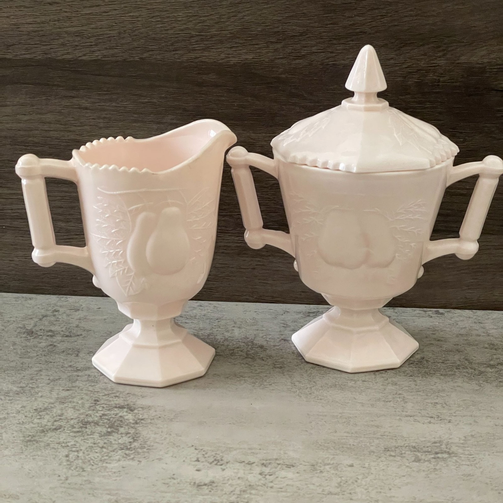 Vintage Jeannette Baltimore Pear Shell Pink Milk Glass Creamer Covered Sugar Set