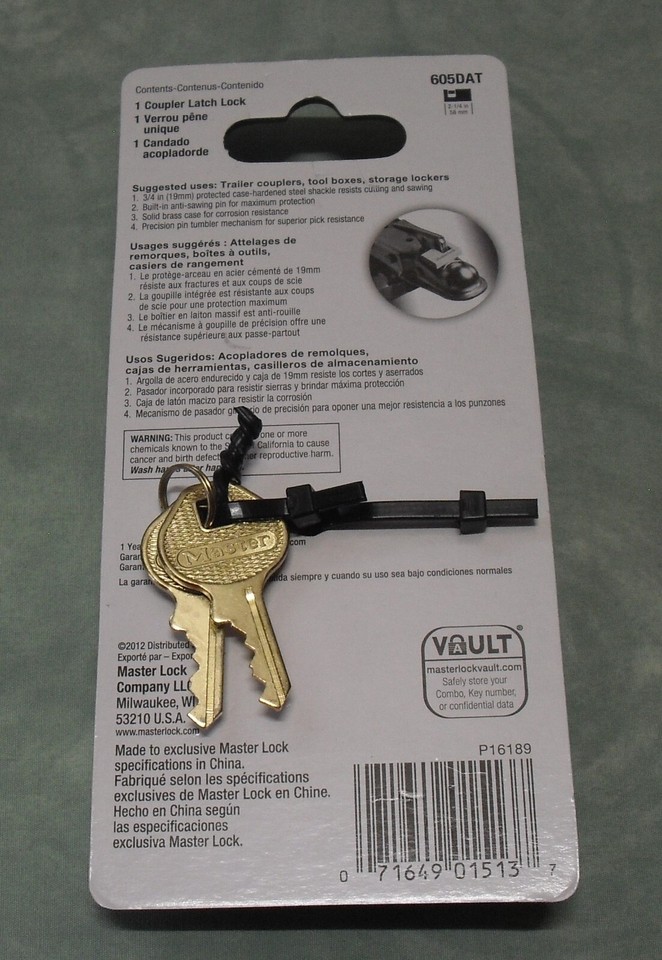 Master Lock Solid Brass Latch Lock Trailer Coupler 605DAT 3/4 in 19 mm