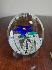 Vintage Strathearn Magnum Sized Blue Flower & Cane Art Glass Paperweight C.1978