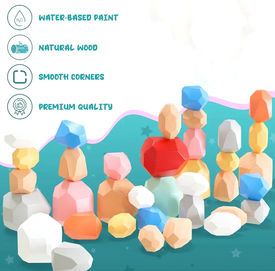 36 Piece Balancing Wooden Stone Blocks for Toddlers Multicolored Stacking Stones