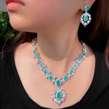 Silver Plated Green Water Drop Pink Leaf Cubic Zirconia Women Bridal Jewelry Set
