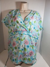 SB Scrubs Scrub Top Women's Size L Floral Blue Pattern Mock Wrap String Pastels