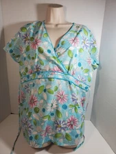 SB Scrubs Scrub Top Women's Size L Floral Blue Pattern Mock Wrap String Pastels