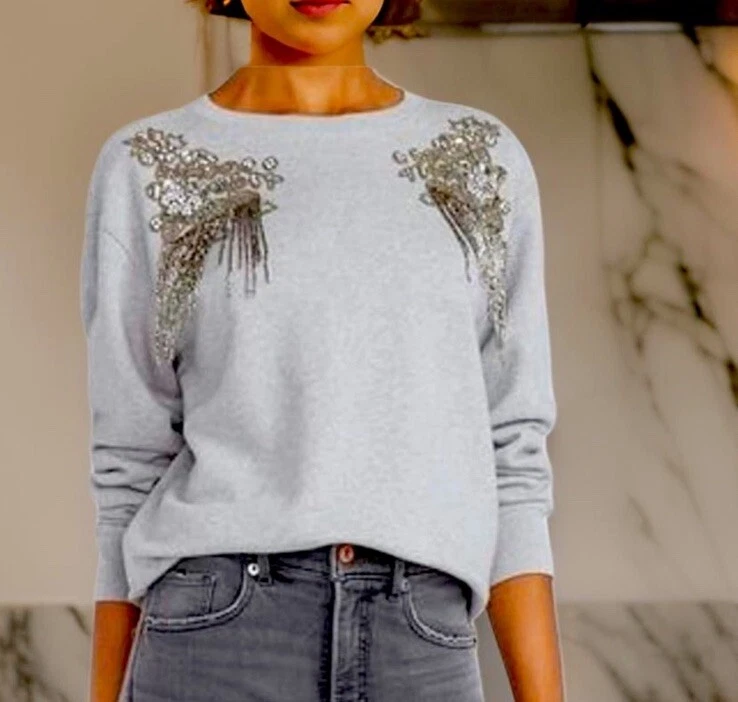 Sudadera Express para mujer cuello redondo gris jaspeado con adornos de cristal L Foto 3 de 4