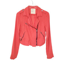 Free People Lovely In Linen Cropped Moto Jacket 4 Red-Coral Zippers Women's