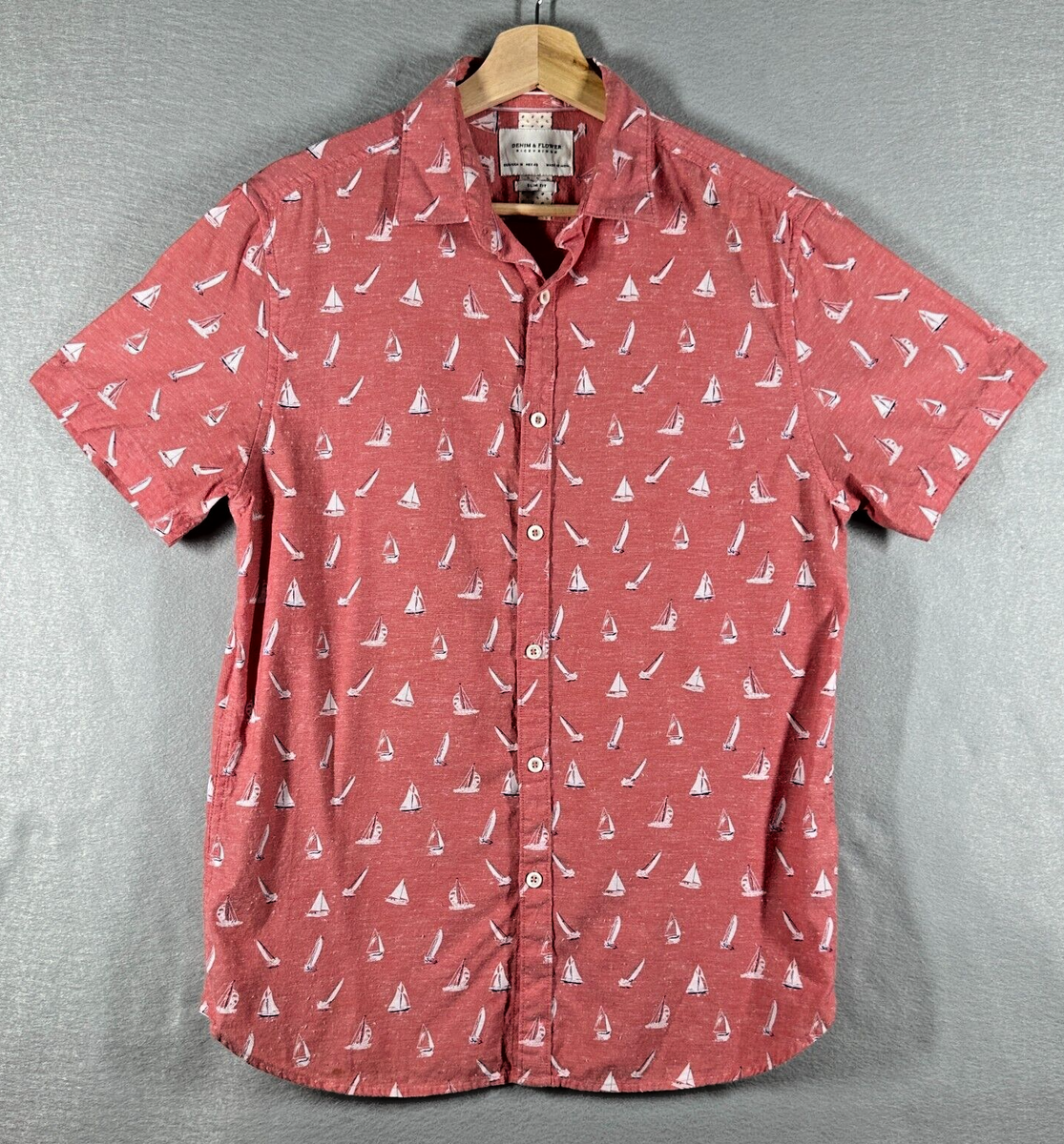 Denim & Flower Mens Pink/Red Nautical S/Sleeve Shirt Size M Slim