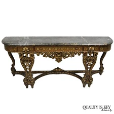Antique French Baroque Rococo Carved Walnut Marble Top Sideboard Buffet w Drawer